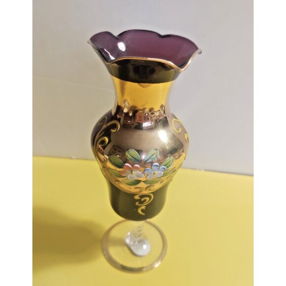 Vintage NASCO Japan Amethyst Glass Vase Raised Enamel Flowers 7" - Picture 5 of 10